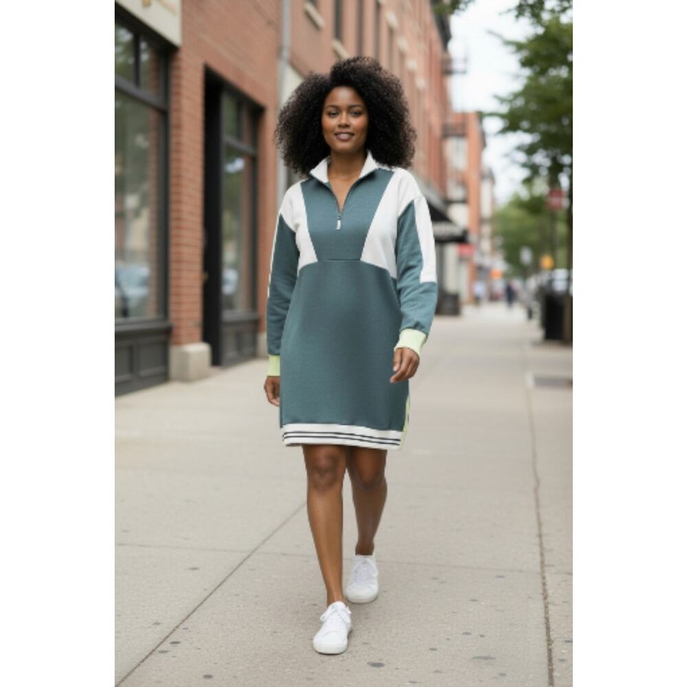 Casual Polo-Style Sweatshirt Dress in Teal and Cream